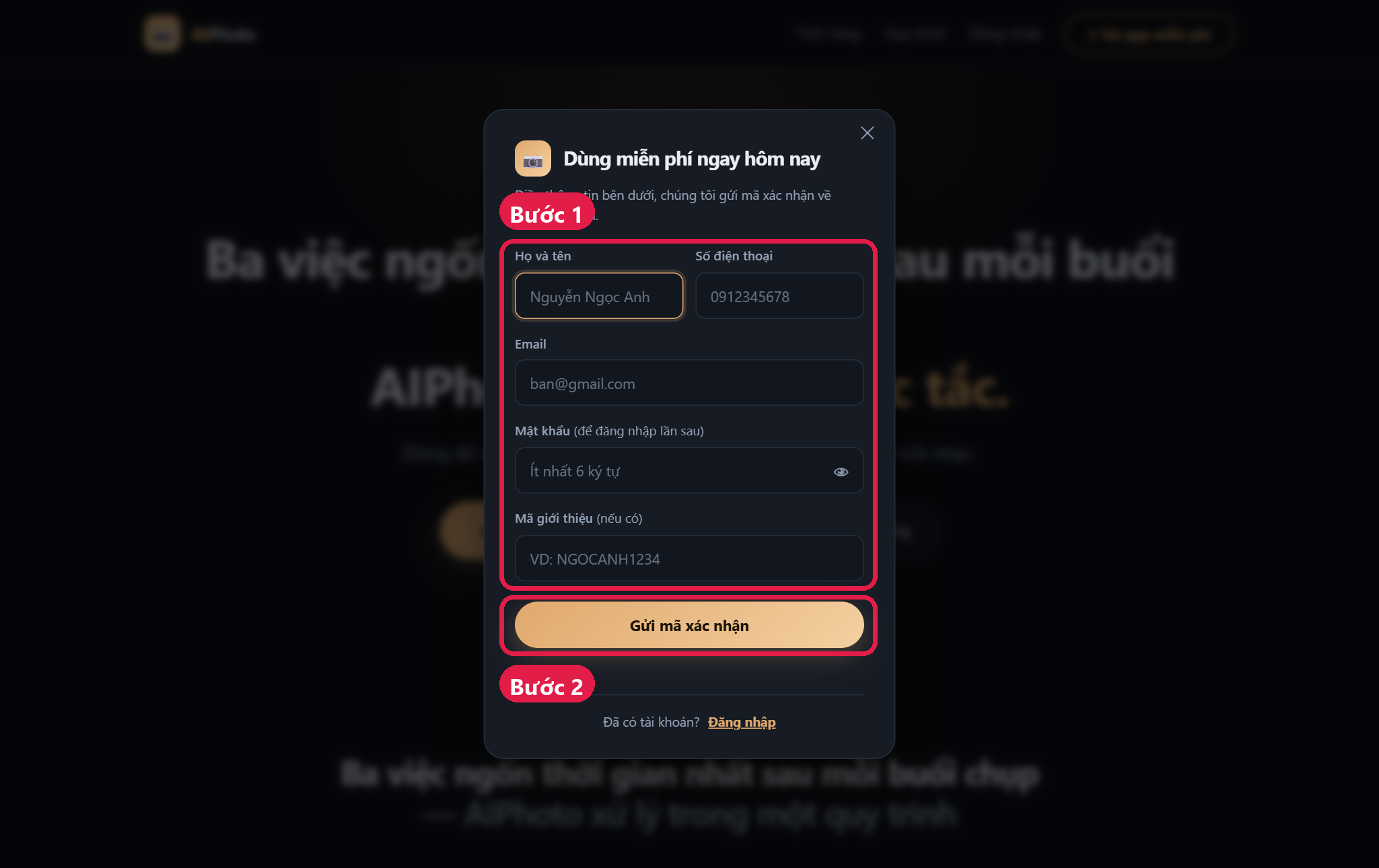 Form đăng ký tài khoản