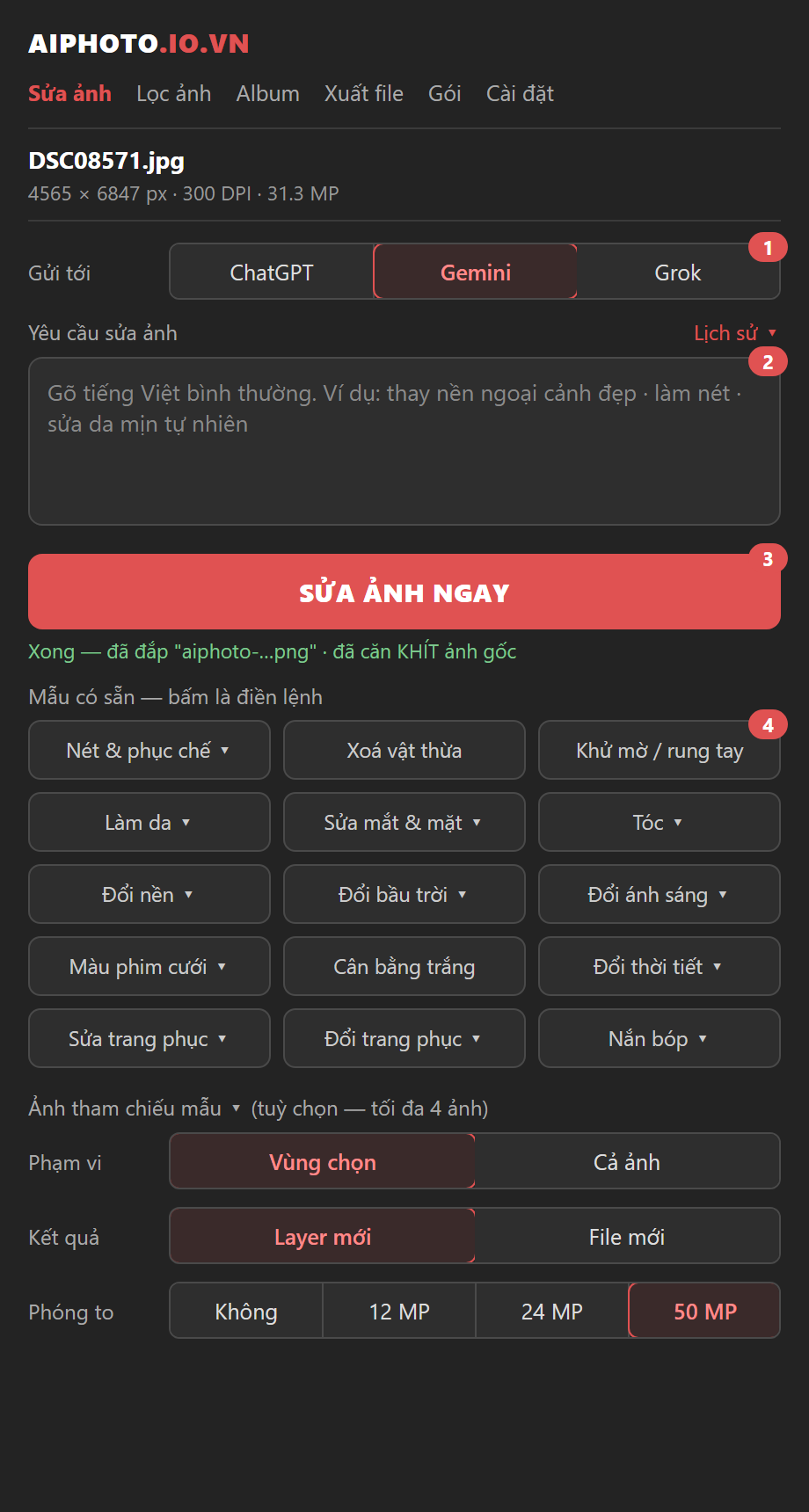 Panel AIPHOTO trong Photoshop — tab Sửa ảnh